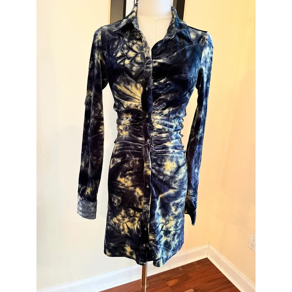 NWT Jaded London Velvet Tie Dye Ruched Shirt Dress Long Sleeve Mini, Size 4